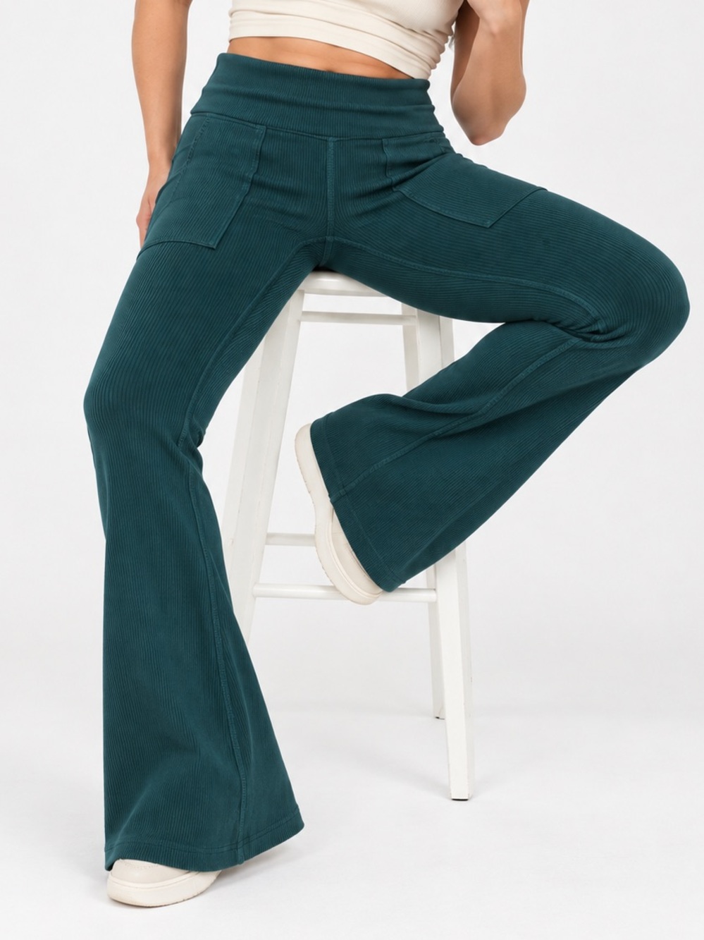 NWOT Aerie Offline High-Waist Fold Over Waist Flare Ribbed Pants in Green